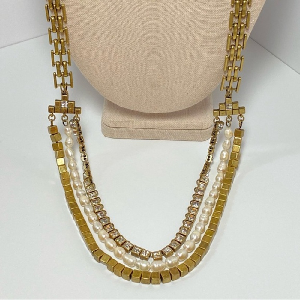 Ann Taylor Vintage Long Panther Chain Faux Pearl Rhinestone Antique Gold Tone - Picture 5 of 12